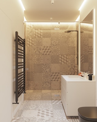 sandfarbenes Bad mit bodentiefer Dusche mit Mosaikfliesen